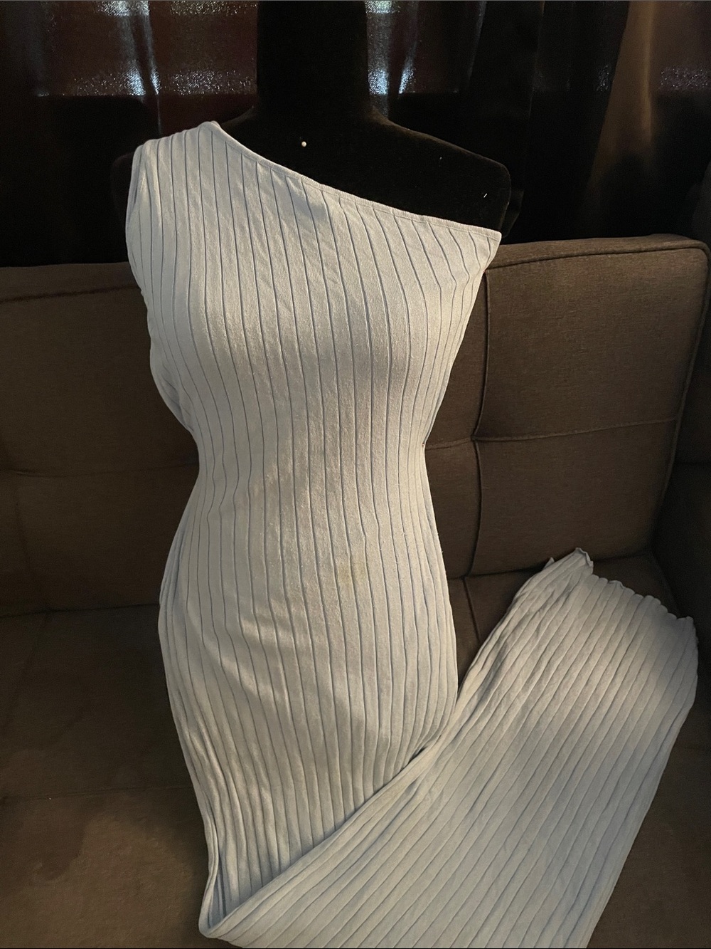 Windsor One-Shoulder Ribbed Maxi Dress in Light Blue